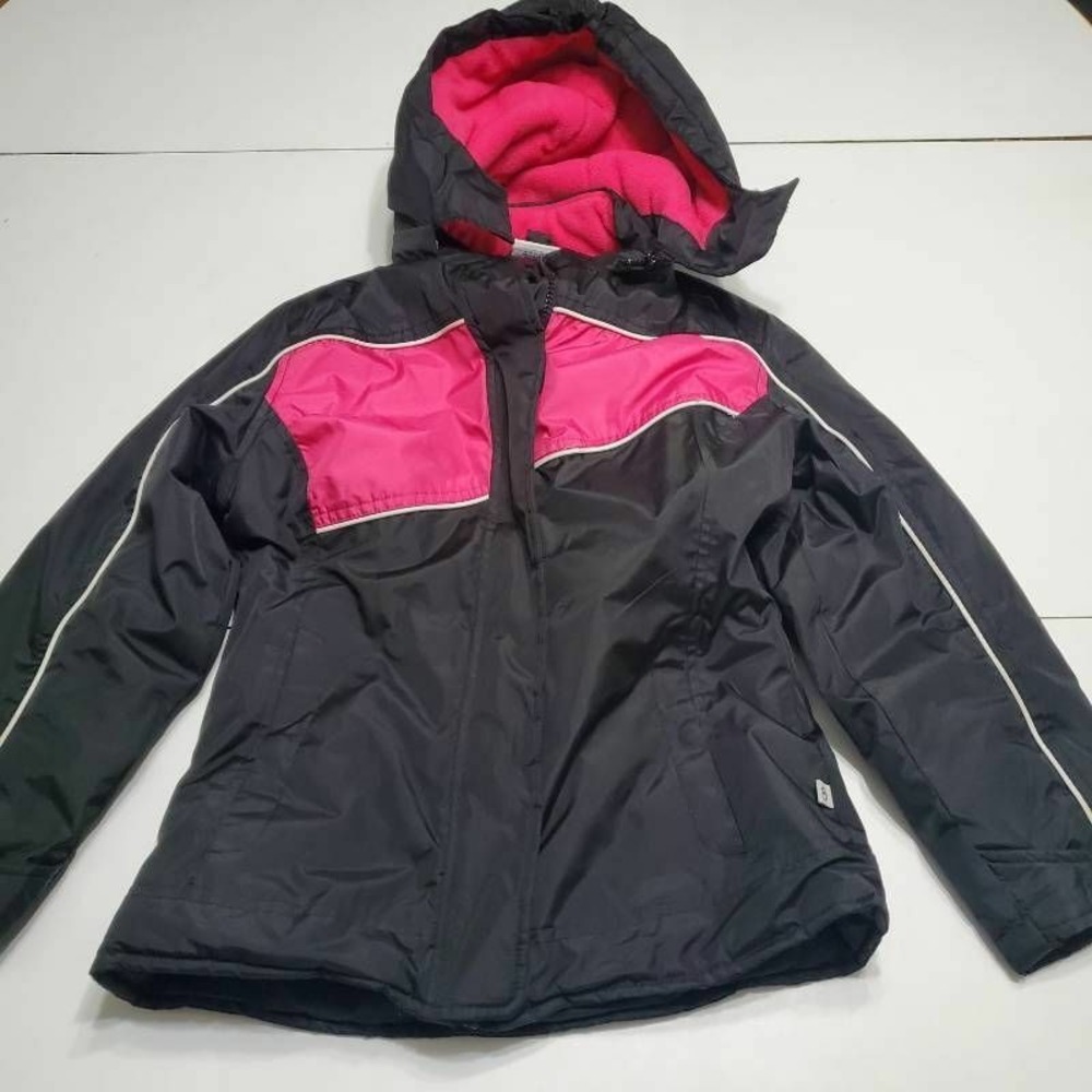 Magellan Girl Medium Windbreaker Jacket Black Color Block Hooded Pocket Full Zip